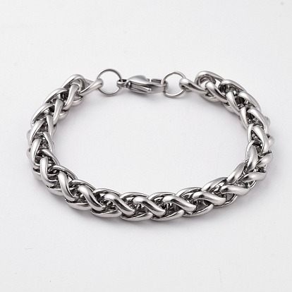 Unisex 304 Stainless Steel Wheat Chain Bracelets, with Lobster Claw Clasps