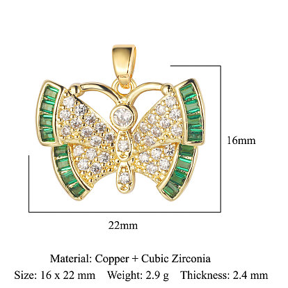 3Pcs Brass Micro Pave Cubic Zirconia Pendants, Butterfly Charms
