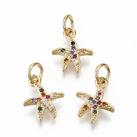 Brass Micro Pave Colorful Cubic Zirconia Charms, with Jump Rings, Nickel Free, Starfish Shape