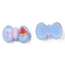 Printed Translucent Epoxy Resin Cabochons, Bowknot with Flower & Watermelon