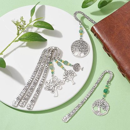 Marque-pages pendentif en perles de jade naturel de malaisie et d'aventurine verte avec arbre de vie en alliage, marque-pages à crochet à motif de fleurs