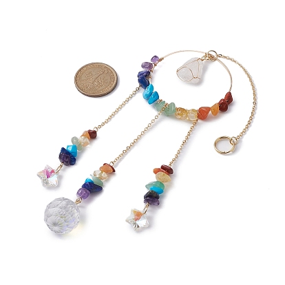 Chakra Gemstone Chips & Brass Ring Pendant Decorations, with Star & Round Glass Charm, for Home Decorations
