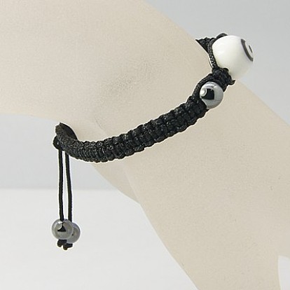 Bracelets de boule tressés mauvais œil de mode au chalumeau, bracelet noeud carré, avec des perles d'hématite non magnétiques et corde de nylon, 50~95mm