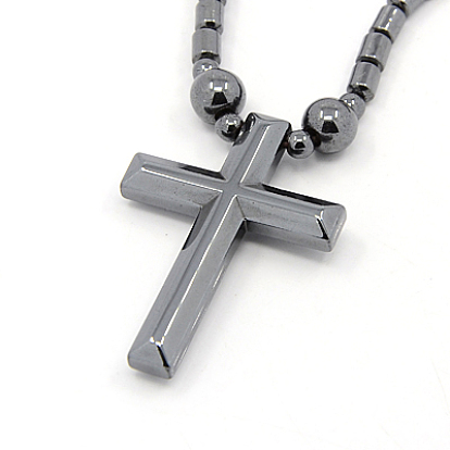 Mens Saint Cross Magnetic Synthetic Hematite Pendant Necklaces, with Brass Magnetic Clasps, 18.1 inch 