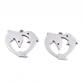201 Stainless Steel Charms, Laser Cut, Heart with Dolphin