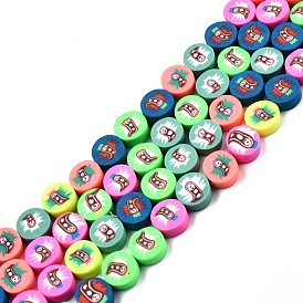 Handmade Polymer Clay Beads Strands, Flat Round with Ghost