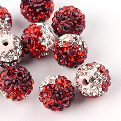Deux tons perles polymère à la main de couleur argile boule disco, avec verre strass, 9~10mm, Trou: 2mm