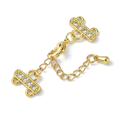 Brass Micro Pave Cubic Zirconia Chain Extender, Necklace Layering Clasps, with 2 Strands 4-Hole Ends and Lobster Claw Clasps, Cadmium Free & Nickel Free & Lead Free, 29mm, Hole: 1mm, Ends: 9x12x2mm, Clasp: 10x6x3mm