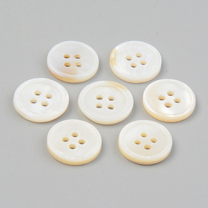 Natural 4-Hole Freshwater Shell Buttons, Flat Round