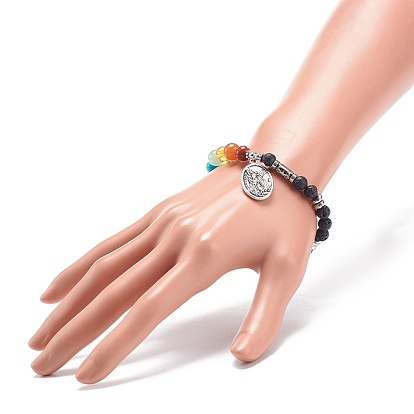 Bracelet extensible en pierre de lave naturelle et pierres mélangées avec breloque ovale en alliage, bijoux de pierres précieuses de chakra de yoga pour les femmes