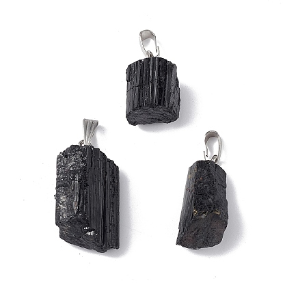 Colgantes naturales de turmalina negro, amuletos de pepitas con acero inoxidable chapado en color 201 ganchos a presión de acero inoxidable