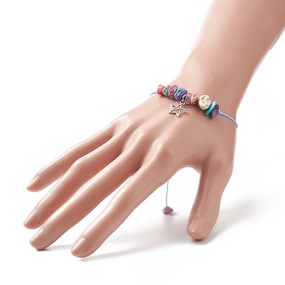 3Pcs 3 Style Moon & Star & Sun Charm Bracelets Set, Synthetic Turquoise Chips Braided Bead Bracelest for Women