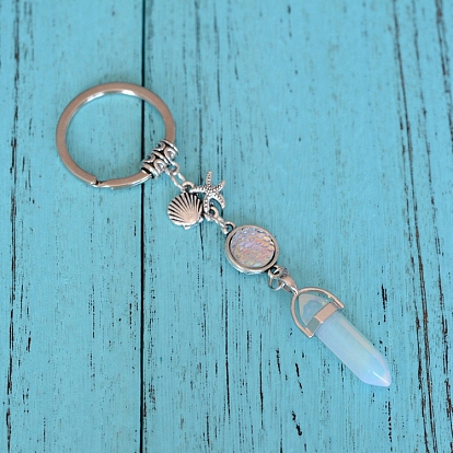 Gemstone Bullet Pendant Keychains, with Alloy Starfish & Shell Shape