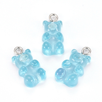 Resin Pendants, with Platinum Plated Iron Findings, Bear, Imitation Jelly, Two Tone