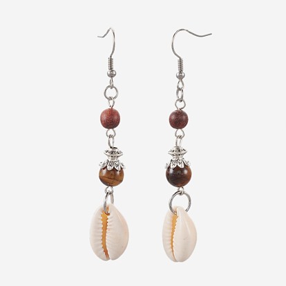 Round Gemstone Dangle Earrings, with Cowrie Shell, Natural Sandalwood Beads and 304 Stainless Steel Earring Hooks