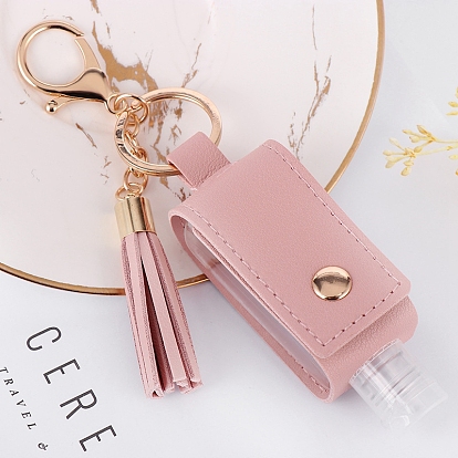 Plastic Hand Sanitizer Bottle with PU Leather Cover, Portable Travel Squeeze Bottle Keychain Holder
