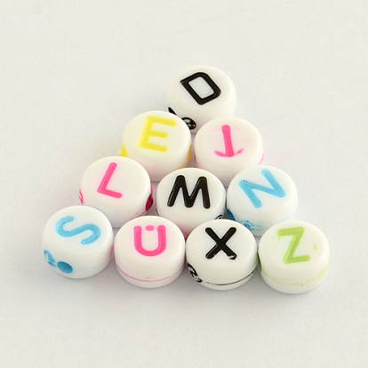 Perles acryliques opaque rondes plates, perles de lettre à trou horizontal, 7x4mm, Trou: 2mm, environ3600 pcs / 500 g