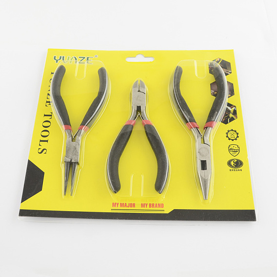 Iron Jewelry Tool Sets: Round Nose Plier, Side Cutting Plier and Long Chain Nose Plier, with Plastic Covers, 190x170x14mm, 3pcs/set