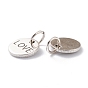 Brass Charms, Long-Lasting Plated, with Jump Rings, Flat Round with Word Love, for Valentine's Day