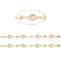 Bass Flat Round Link Chains, with Pink Glass Beaded, Soldered, with Spool