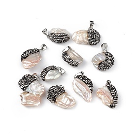 Natural Baroque Keshi Pearl Pendants, Freshwater Pearl Nuggets Charms, with Cubic Zirconia