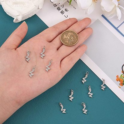 10Pcs Brass Micro Pave Clear Cubic Zirconia Pendants, Long-Lasting Plated, with Jump Ring, Snake