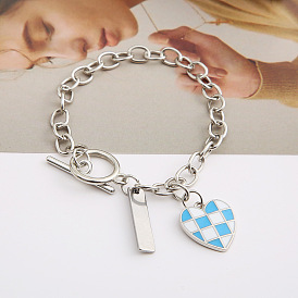 Blue Heart Checkered Pendant & Bracelet Set with Black and White Grid Pattern