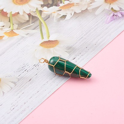 Natural Malachite Pendants, with Real 18K Gold Plated Eco-Friendly Copper Wire Copper Beading Wire Findings, Teardrop