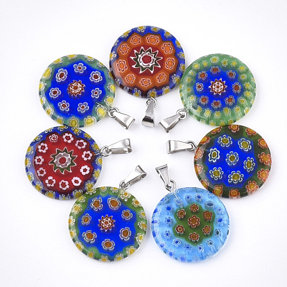 Pendentifs lampwork millefiori, avec 304 accessoires en acier inoxydable, plat rond, couleur inox