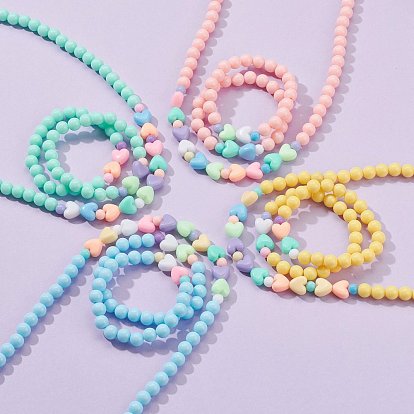 Ensembles de bijoux collier et bracelet en perles extensibles pour enfants, avec perles acryliques opaques rondes et coeur