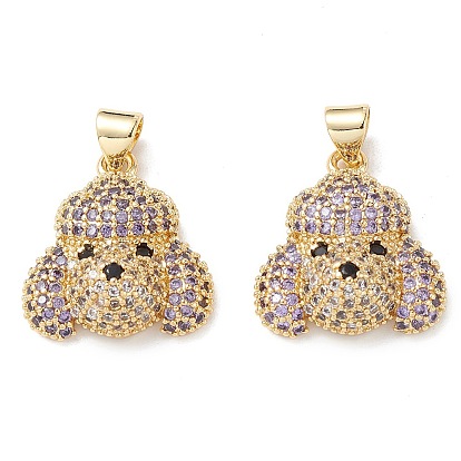 Brass Micro Pave Cubic Zirconia Pendants, Real 16K Gold Plated, Dog Charms