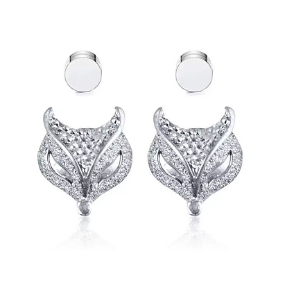 Crystal Rhinestone Fox Magnetic Clip-on Earrings, Platinum Brass Non-piercing Jewelry for Women