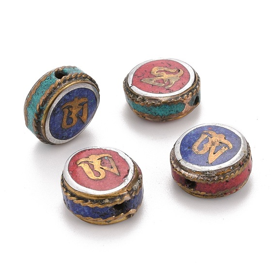 Perles en laiton de style tibétain faites à la main, avec turquoise synthétique, plat rond
