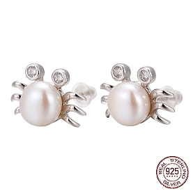 Crab Platinum Tone 925 Sterling Silver Cubic Zirconia Ball Ear Studs, with Freshwater Pearl Beads, 10x15mm, Pin: 0.7mm