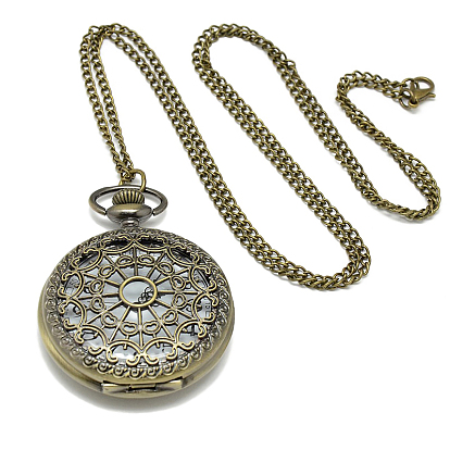 Aleación de reloj de bolsillo collar colgante redondo y plano, con cadenas de hierro y los corchetes de la garra de la langosta, reloj de cuarzo, 31.5 pulgada, Cabeza del reloj: 61x47x16 mm
