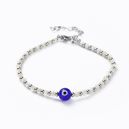 Evil Eye Lampwork Bead Bracelets, with Electroplate Glass & 304 Stainless Steel Beads, Lobster Claw Clasps and Heart Extender Chains, Round