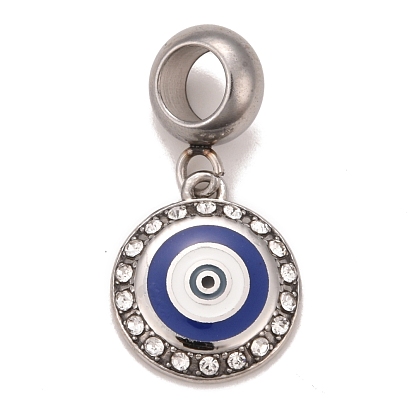 304 Stainless Steel Crystal Rhinestone European Dangle Charms, Large Hole Pendants, with Enamel, Stainless Steel Color, Flat Round with Evil Eye