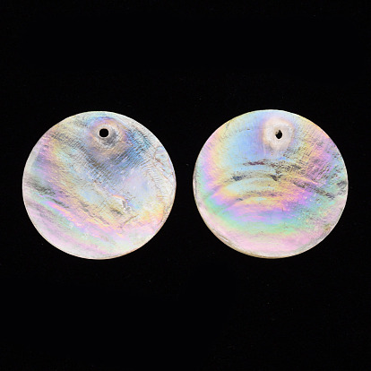 Гальванические подвески из натуральных раковин Capiz, с покрытием AB цвета, плоско-круглые