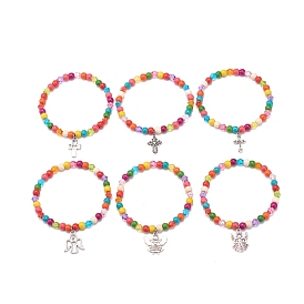 6Pcs 6 Style Synthetic Turquoise(Dyed) & Acrylic Beaded Stretch Bracelets Set, Fairy & Cross Alloy Charms Bracelets for Women, Colorful