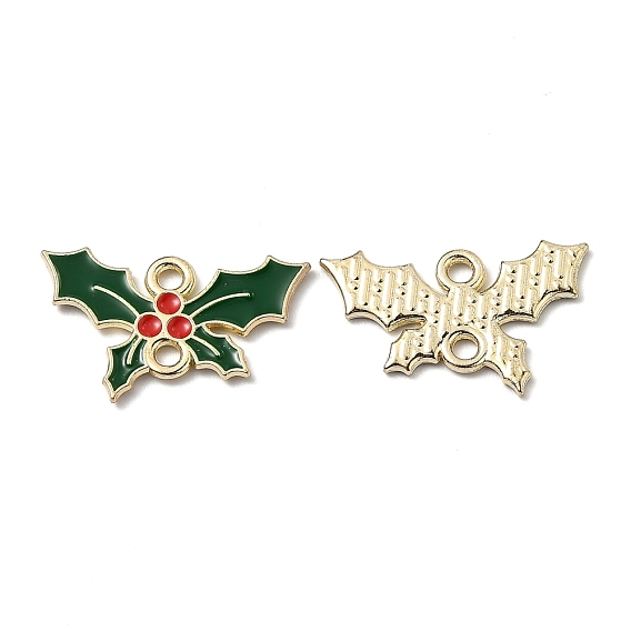 Alloy Enamel Links Connectors, Christmas Holly Leaves, Green