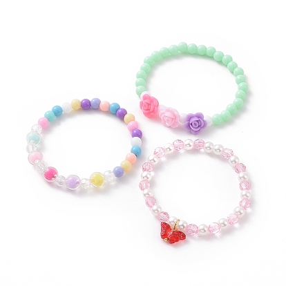 Conjunto de pulseras elásticas con cuentas de perlas de imitación y flores acrílicas estilo 3 piezas 3, pulseras apilables con dijes de mariposa de cristal para niños