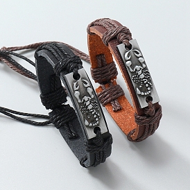 Bracelet à maillons scorpion en alliage, bracelet réglable en simili cuir avec cordons de jute