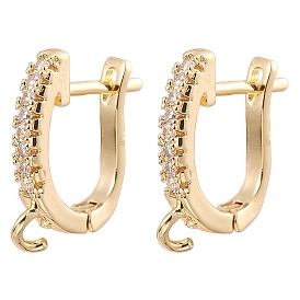 Brass Micro Pave Clear Cubic Zirconia Hoop Earring Findings, Latch Back with Horizontal Loops