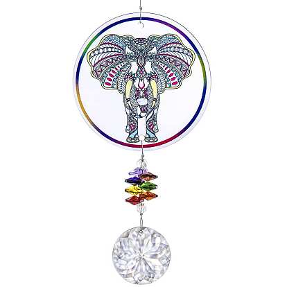 Glass Teardrop Round Window Hanging Suncatchers, with Acrylic Elephant Owl Yoga Meditation Home Outdoor Garden Ornaments