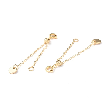 Brass Cable Chain Extenders with Flat Round Charm, Spring Clasp, Slider Adjuster