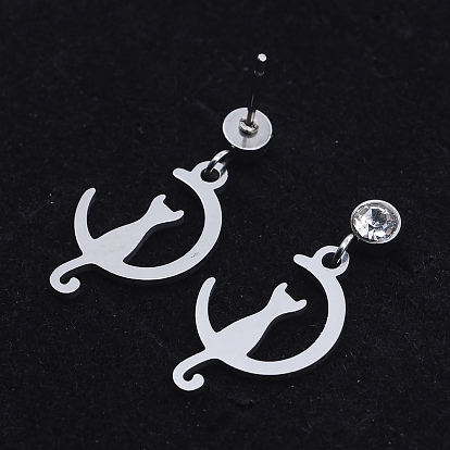 201 Stainless Steel Kitten Dangle Stud Earrings, with Clear Cubic Zirconia, Crescent Moon with Cat