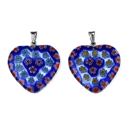 Handmade Millefiori Glass Pendants, with Platinum Plated Iron Findings, Heart, 27x24x3mm, Hole: 5x2mm