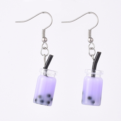 Glass Imitation Bubble Tea Bottle Dangle Earrings, with 304 Stainless Steel Earring Hooks