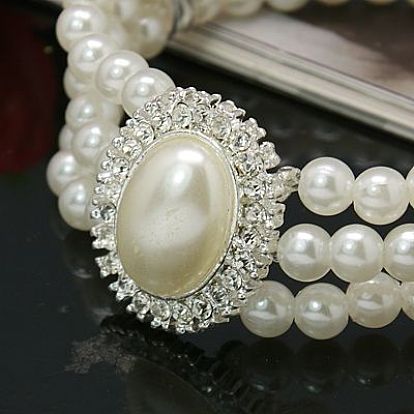 Gift for Valentines Day to Girlfriend Acrylic Pearl Wedding Bracelets, with Brass Rhinestone Bead and Alloy Rhinestone Cabochons, Stretchy, 50mm