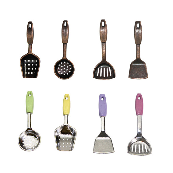 Mini Alloy Kitchen Cooking Utensils Set, including 3Pcs Turners, 1Pc Skimmer Spoon, for Dollhouse Accessories Pretending Prop Decorations